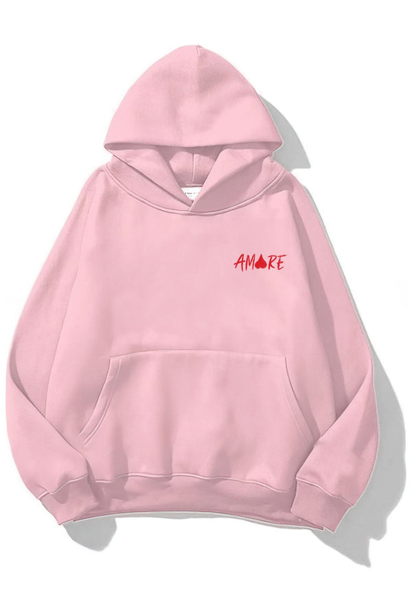 Kapüşonlu İçi Polar Amore Baskılı Pembe Unisex Hoodie Sweatshirt