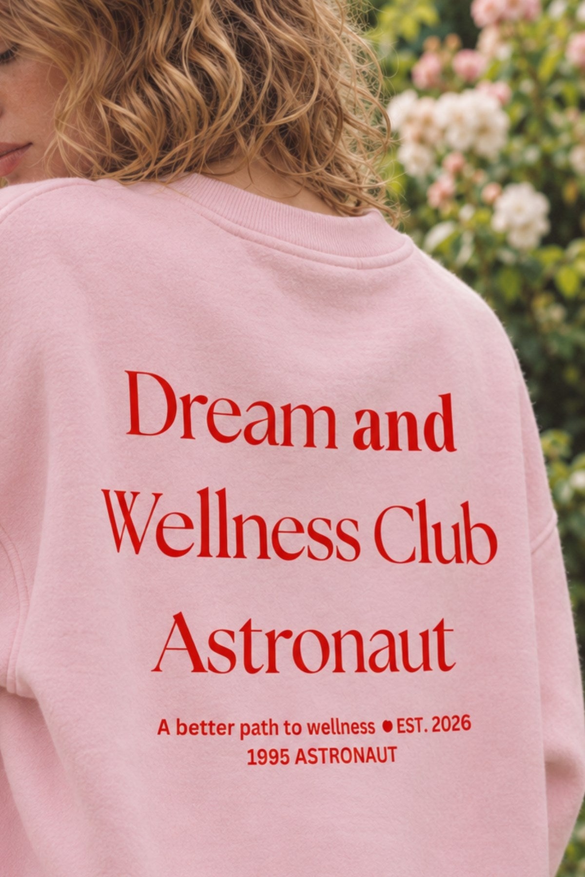 Kadın Oversize Sweatshirt Wellness Baskılı Pembe – Bisiklet Yaka, 3 İplik Şardonlu Polar, Düşük Omuz
