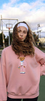Kadın Oversize Sweatshirt Pink Suit Bear 3D Baskılı Pembe – Bisiklet Yaka, 3 İplik Şardonlu Polar