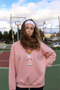 Kadın Oversize Sweatshirt Pink Suit Bear 3D Baskılı Pembe – Bisiklet Yaka, 3 İplik Şardonlu Polar