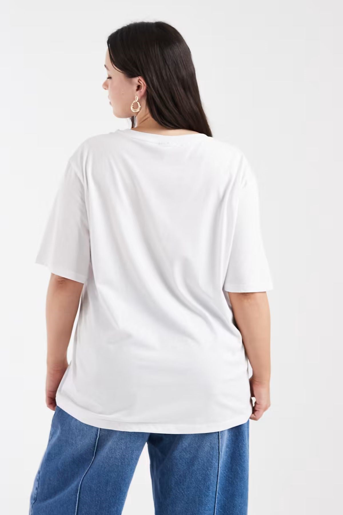 Kadın Double Oversize Tişört Botanical Dream Baskılı Beyaz – Bisiklet Yaka, Rahat Kalıp, %100 Pamuk