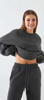 Unisex Oversize Sweatshirt Basic Füme – Bisiklet Yaka, 3 İplik Şardonlu Polar