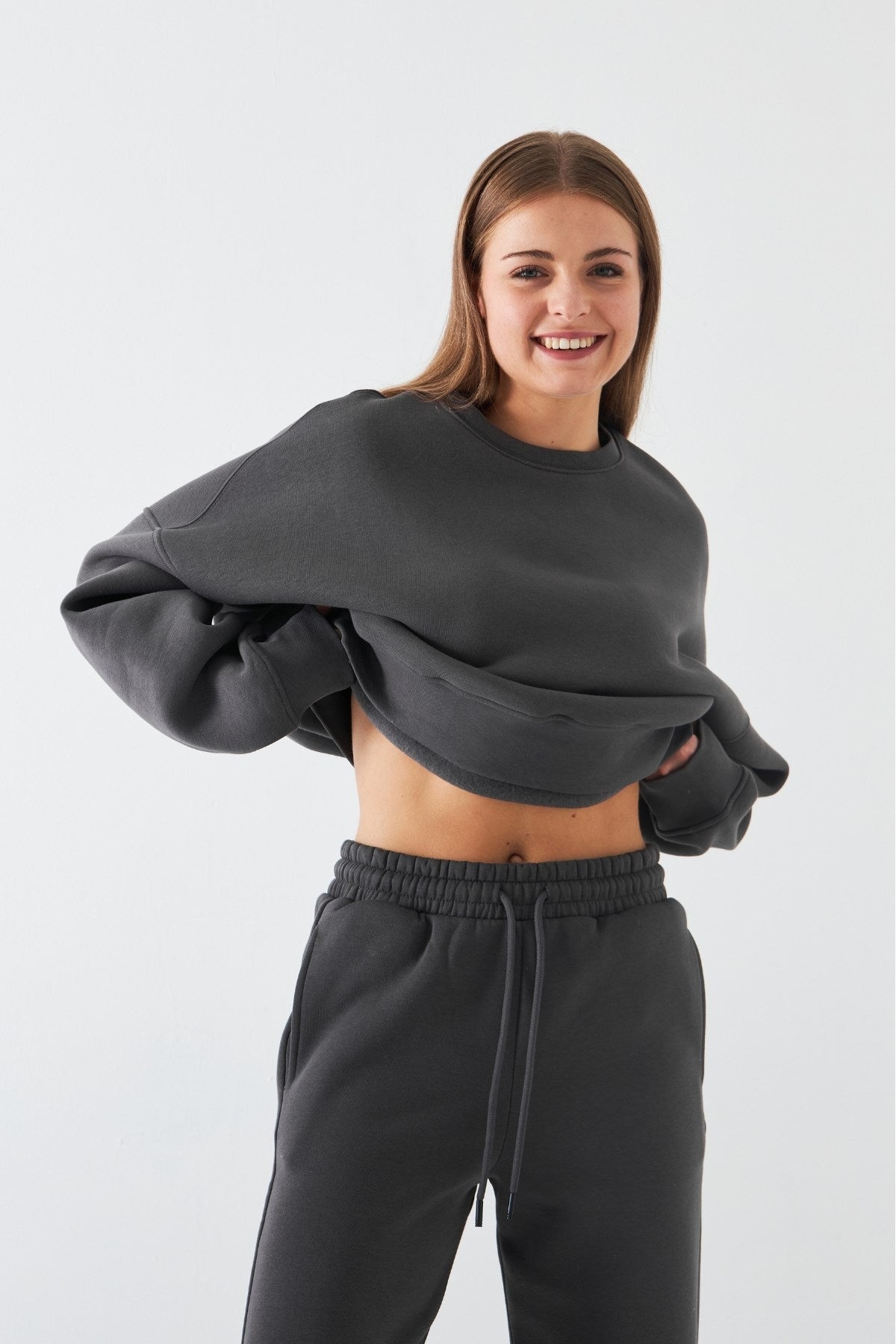 Unisex Oversize Sweatshirt Basic Füme – Bisiklet Yaka, 3 İplik Şardonlu Polar