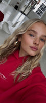 Kadın Oversize Sweatshirt Hoodie CHMP Yazlı Baskılı Kırmızı – Kapüşonlu, 3 İplik Polar, Kanguru Cepli