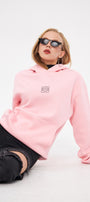 Kapüşonlu İçi Polar Taş Baskılı Pembe Oversize Hoodie Sweatshirt