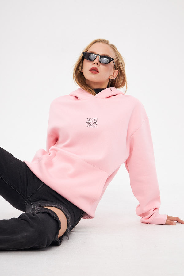 Kapüşonlu İçi Polar Taş Baskılı Pembe Oversize Hoodie Sweatshirt