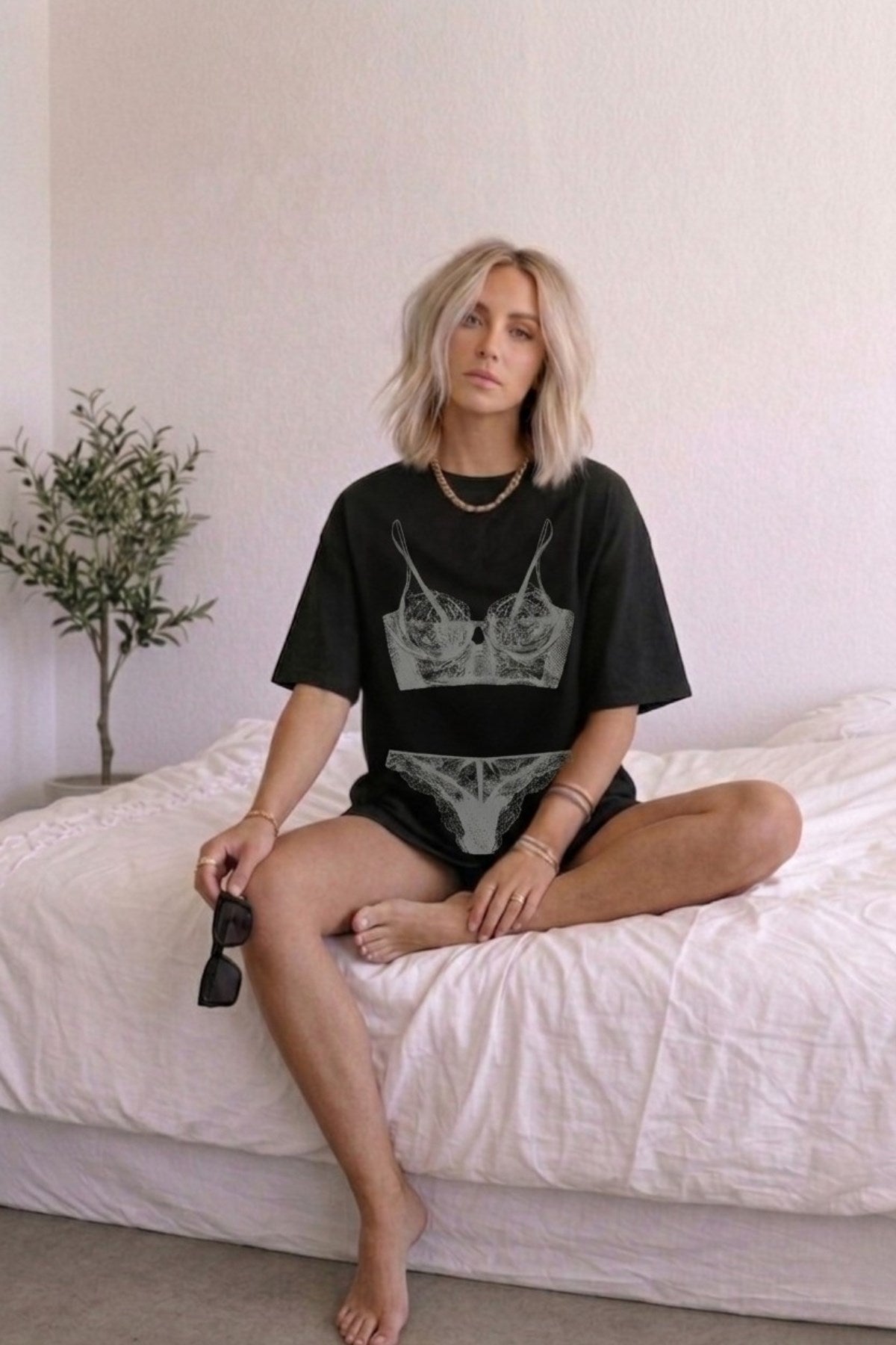 Kadın Double Oversize Rouge Intimates Baskılı Siyah – Bisiklet Yaka, Rahat Kalıp, %100 Pamuk