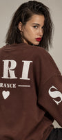 Kadın Oversize Sweatshirt Paris 3D Baskılı Kahverengi – Bisiklet Yaka, Kol ve Sırt Baskılı, 3 İplik