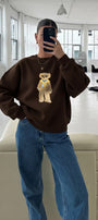 Kadın Oversize Sweatshirt Gentleman Bear Baskılı Kahverengi – Bisiklet Yaka, 3 İplik Şardonlu