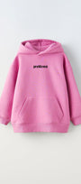 Kapüşonlu İçi Polar Problems Yazılı Heykel Baskılı Pembe Unisex Çocuk Hoodie Sweatshirt