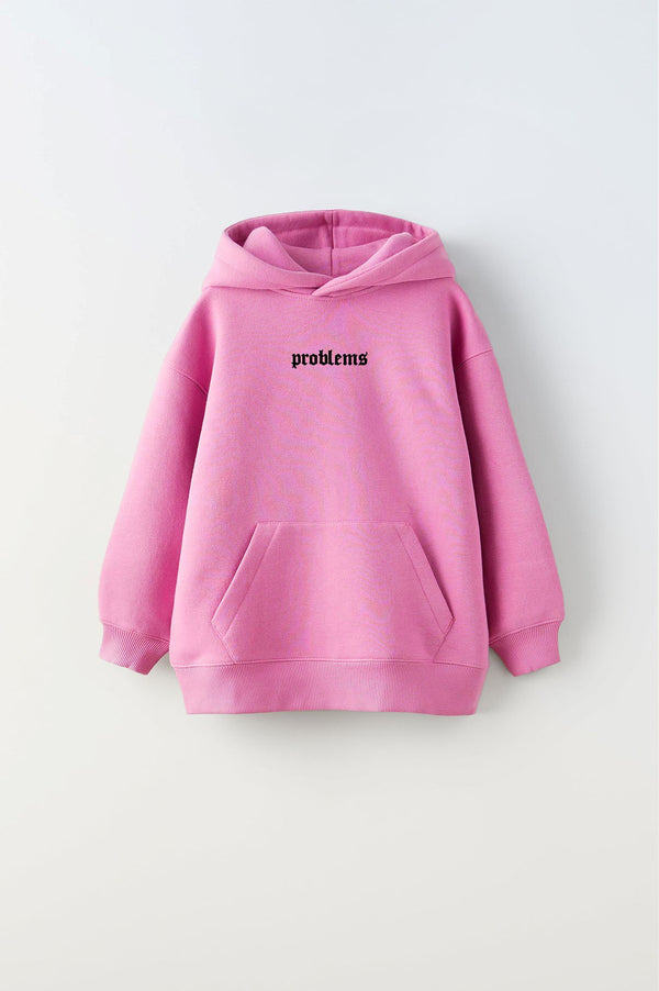 Kapüşonlu İçi Polar Problems Yazılı Heykel Baskılı Pembe Unisex Çocuk Hoodie Sweatshirt