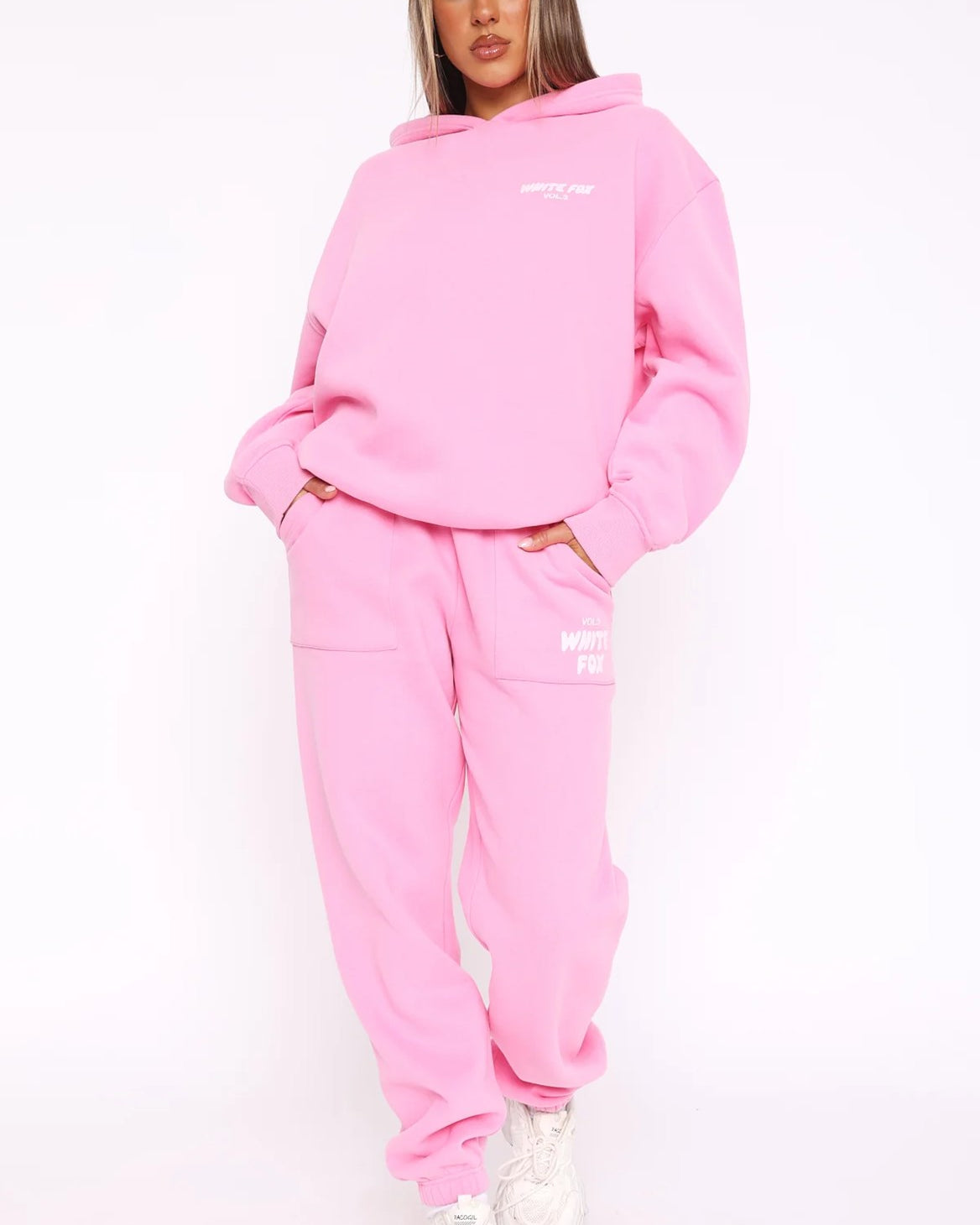 White Fox Kadın Pembe Bel Lastikli Cepli Vol 3 Baskılı Paça Lastikli Eşofman Takımı