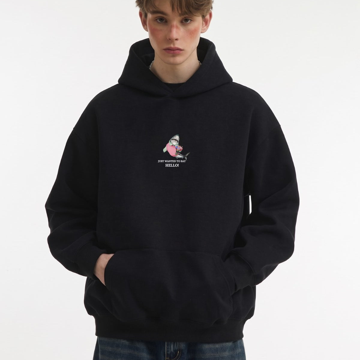 Erkek Oversize Sweatshirt Hoodie Shark Hello Siyah – Kapüşonlu, 3 İplik Polar, Kanguru Cepli