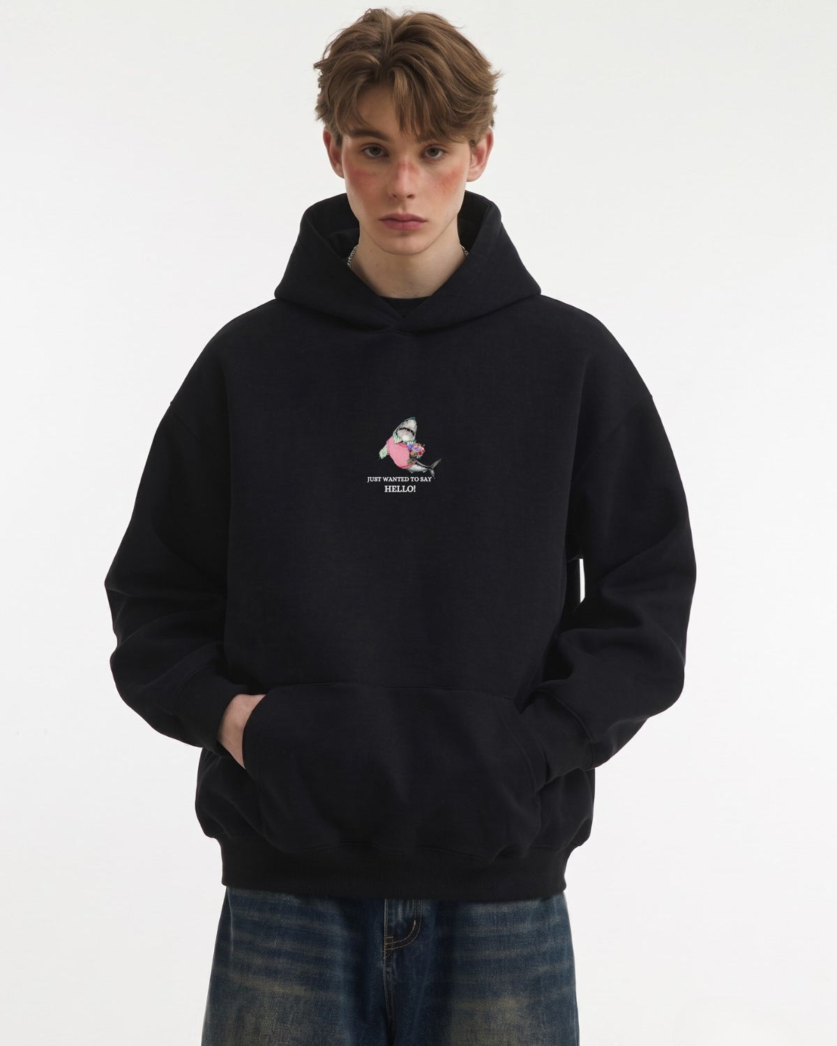 Erkek Oversize Sweatshirt Hoodie Shark Hello Siyah – Kapüşonlu, 3 İplik Polar, Kanguru Cepli