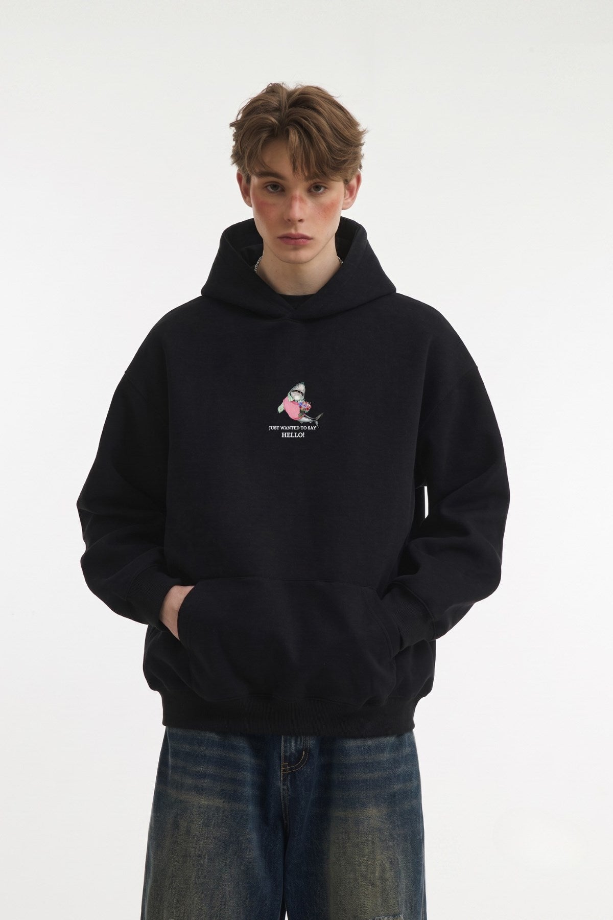 Erkek Oversize Sweatshirt Hoodie Shark Hello Siyah – Kapüşonlu, 3 İplik Polar, Kanguru Cepli
