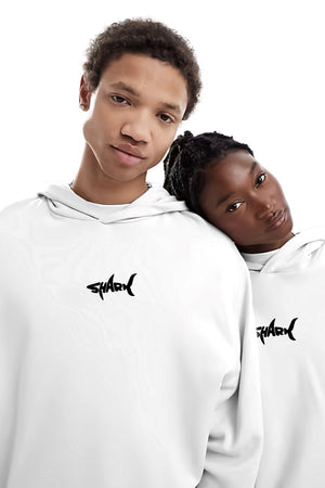 Kapüşonlu İçi Polar Shark Baskılı Beyaz Oversize Hoodie Sweatshirt