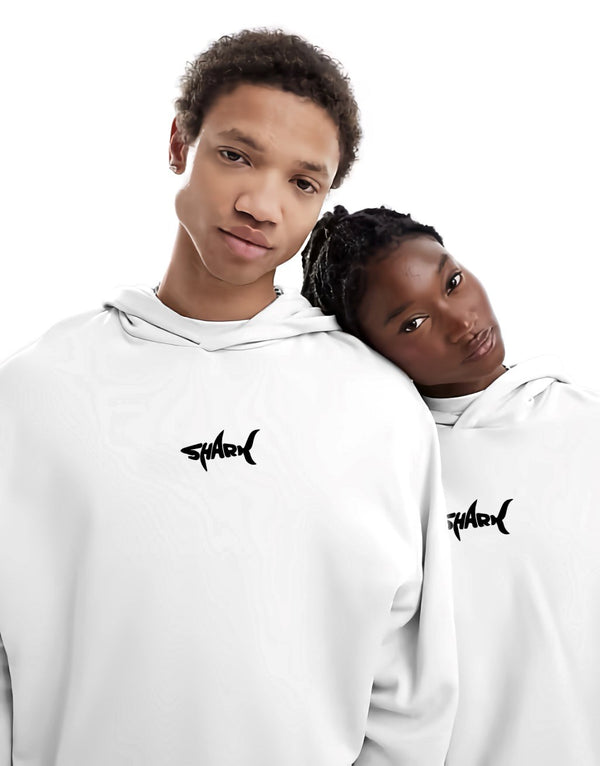 Kapüşonlu İçi Polar Shark Baskılı Beyaz Oversize Hoodie Sweatshirt