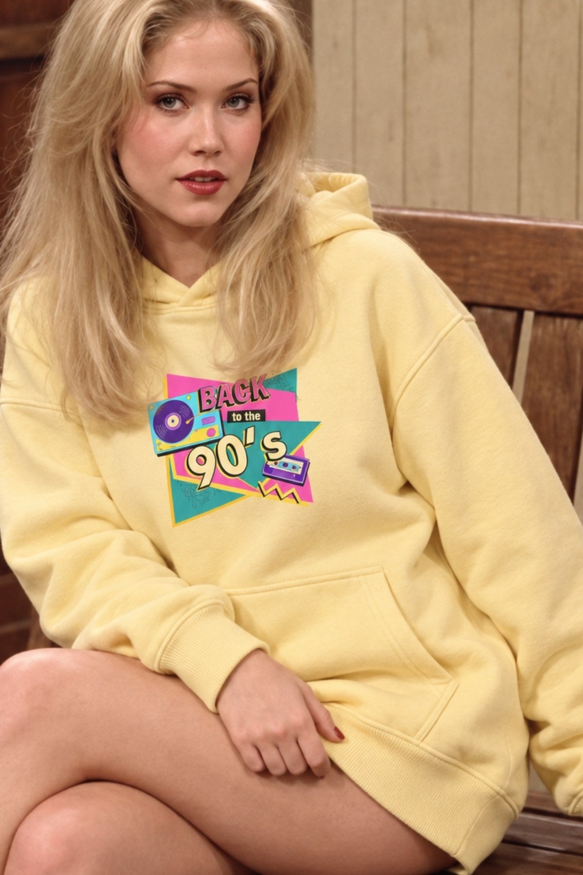 Kadın Oversize Hoodie Back To The 90’s Baskılı Sarı - Kapüşonlu, Kanguru Cepli, 3 İplik Polar
