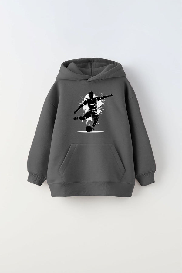 Kapüşonlu Içi Polar Futbolcu Baskılı Füme Unisex Çocuk Sweatshirt