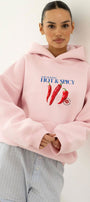 Kadın Oversize Sweatshirt Hoodie Hot & Spicy Baskılı Pembe – Kapüşonlu, 3 İplik Şardonlu Polar