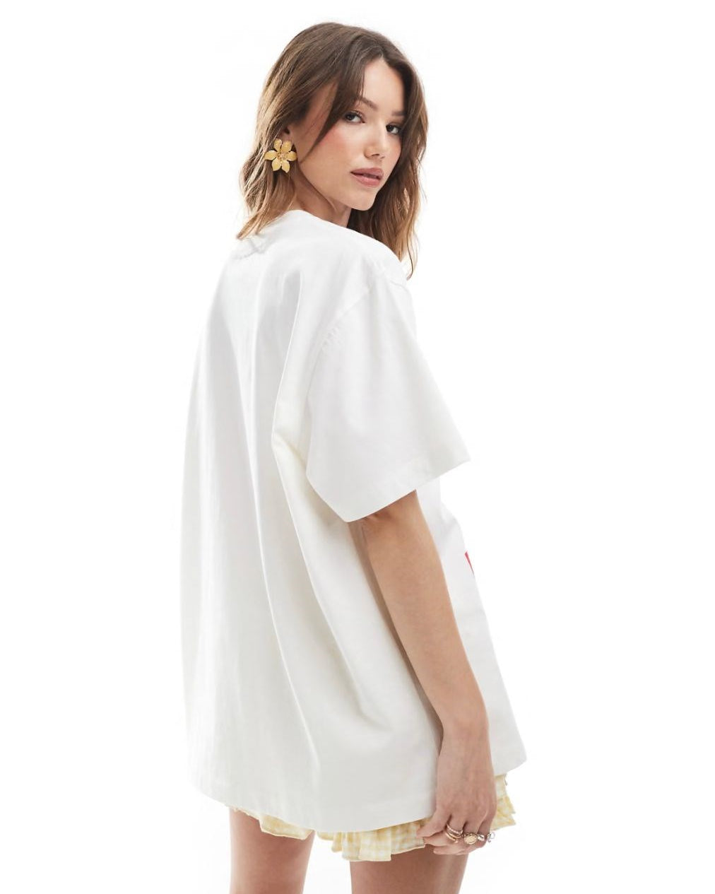 Kadın Beyaz Oversize Rosa Fiore Yazılı Gül Desenli Yazlık Tişört