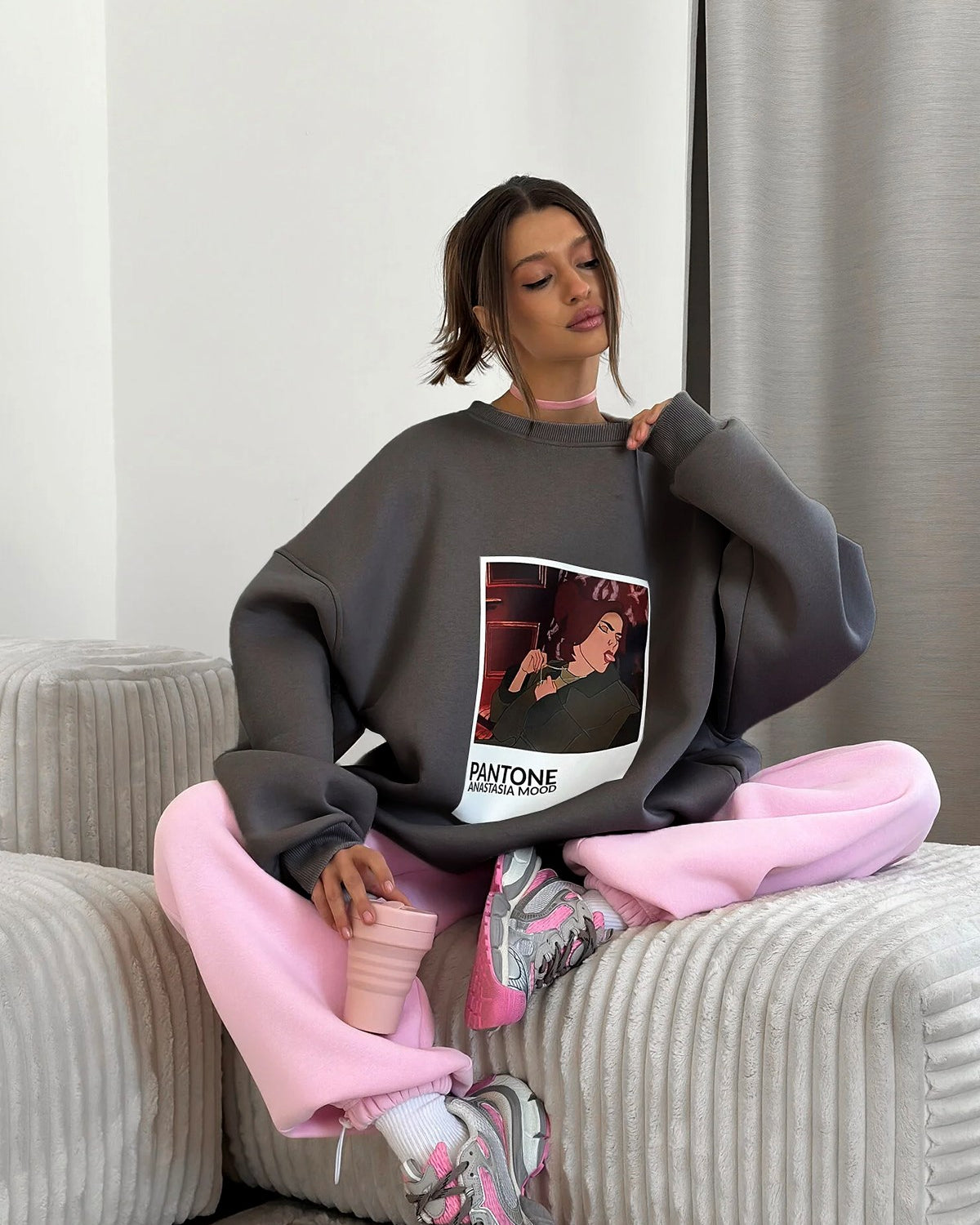 Kadın Oversize Sweat Elbise Füme – 3 İplik Şardonlu , Bisiklet Yaka, Pantone - prenses baskılı