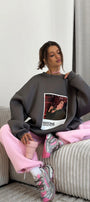 Kadın Oversize Sweat Elbise Füme – 3 İplik Şardonlu , Bisiklet Yaka, Pantone - prenses baskılı