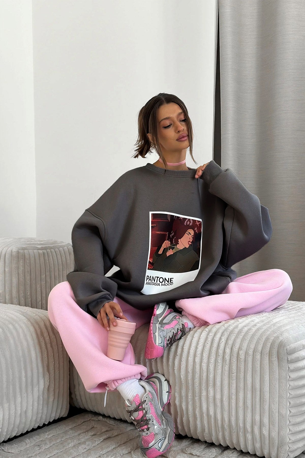 Kadın Oversize Sweat Elbise Füme – 3 İplik Şardonlu , Bisiklet Yaka, Pantone - prenses baskılı