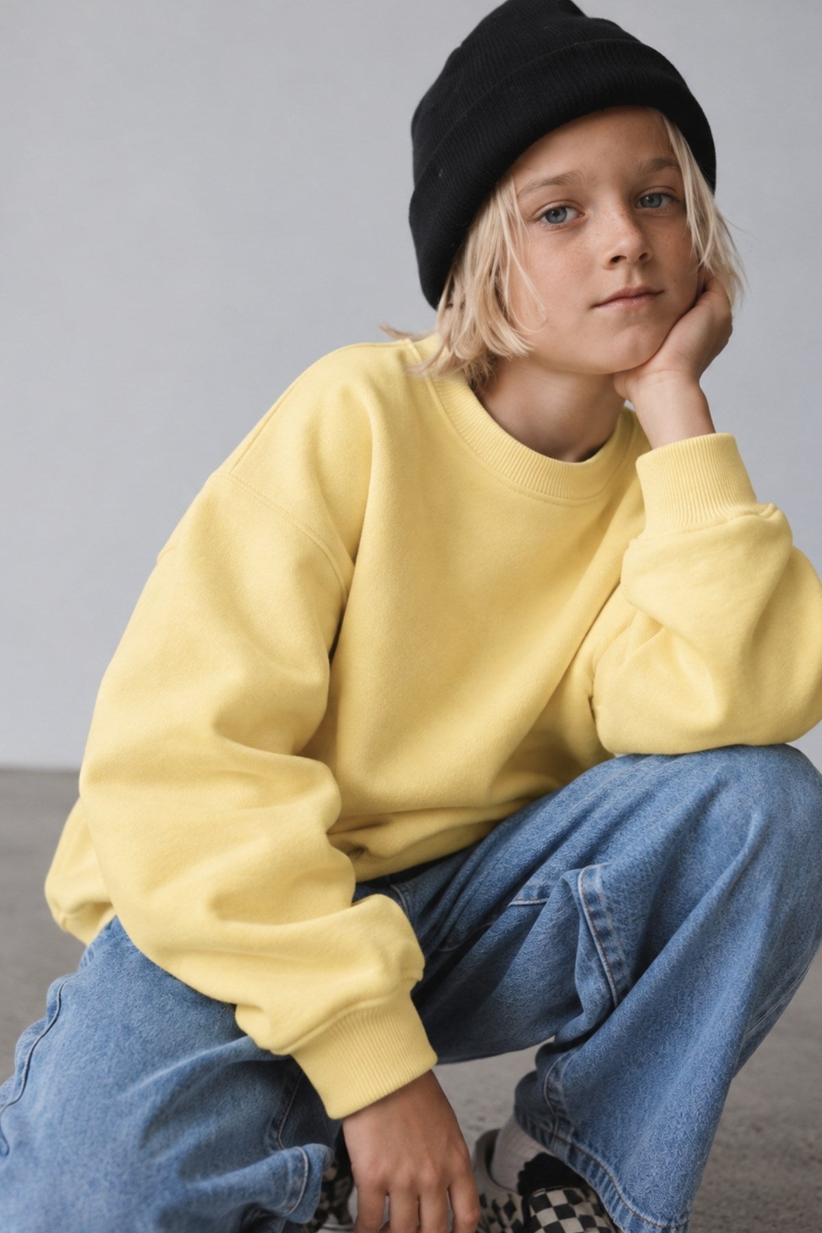 Erkek Çocuk Oversize Sweatshirt Basic Sarı – Bisiklet yaka, 3 iplik şardonlu polar