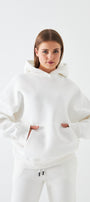 Oversize Unisex Sweatshirt Hoodie Beyaz – Kapüşonlu, 3 İplik Şardonlu Polar, Kanguru Cepli, Basic