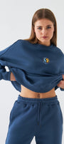 Kadın Oversize Sweatshirt Sun & Moon Baskılı Marine – Bisiklet Yaka, 3 İplik Şardonlu Polar