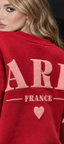 Kadın Oversize Sweatshirt Paris 3D Baskılı Kırmızı – Bisiklet Yaka, Kol ve Sırt Baskılı, 3 İplik