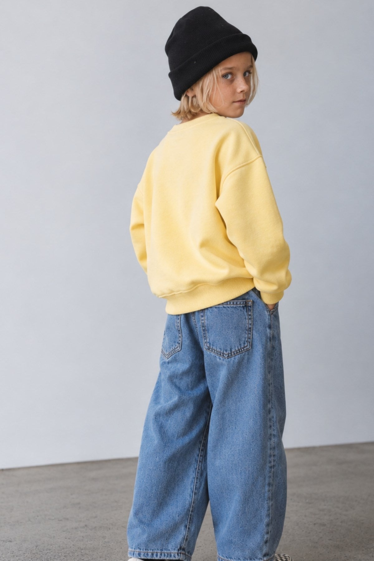 Erkek Çocuk Oversize Sweatshirt Basic Sarı – Bisiklet yaka, 3 iplik şardonlu polar