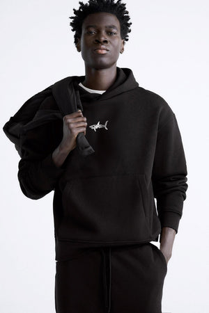 Kapüşonlu İçi Polar Shark Baskılı Siyah Oversize Hoodie Sweatshirt