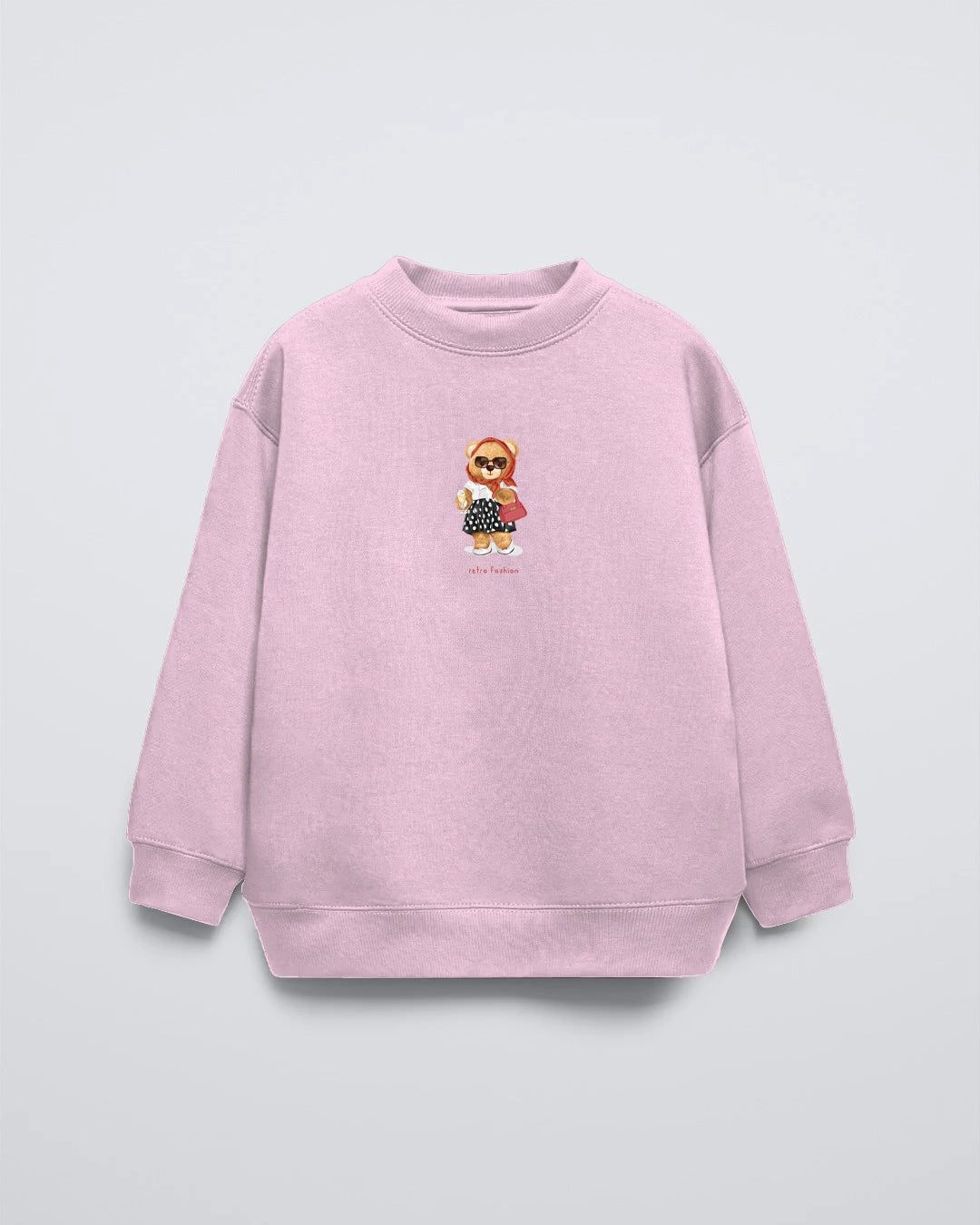 Pembe Bisiklet Yaka Retro Fashion Yazılı Puantiyeli Ayıcık Baskılı Oversize Çocuk Sweatshirt