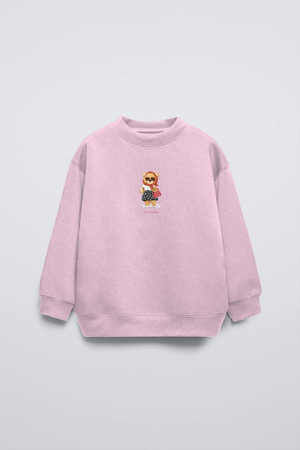 Pembe Bisiklet Yaka Retro Fashion Yazılı Puantiyeli Ayıcık Baskılı Oversize Çocuk Sweatshirt