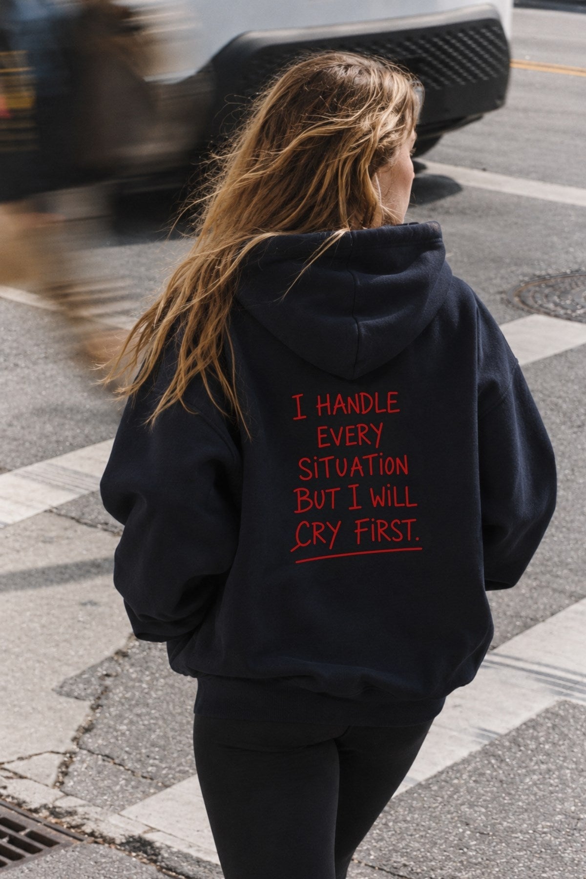Kadın Oversize Hoodie Cry First Baskılı Lacivert – Kapüşonlu, Kanguru Cepli, 3 İplik Şardonlu Polar