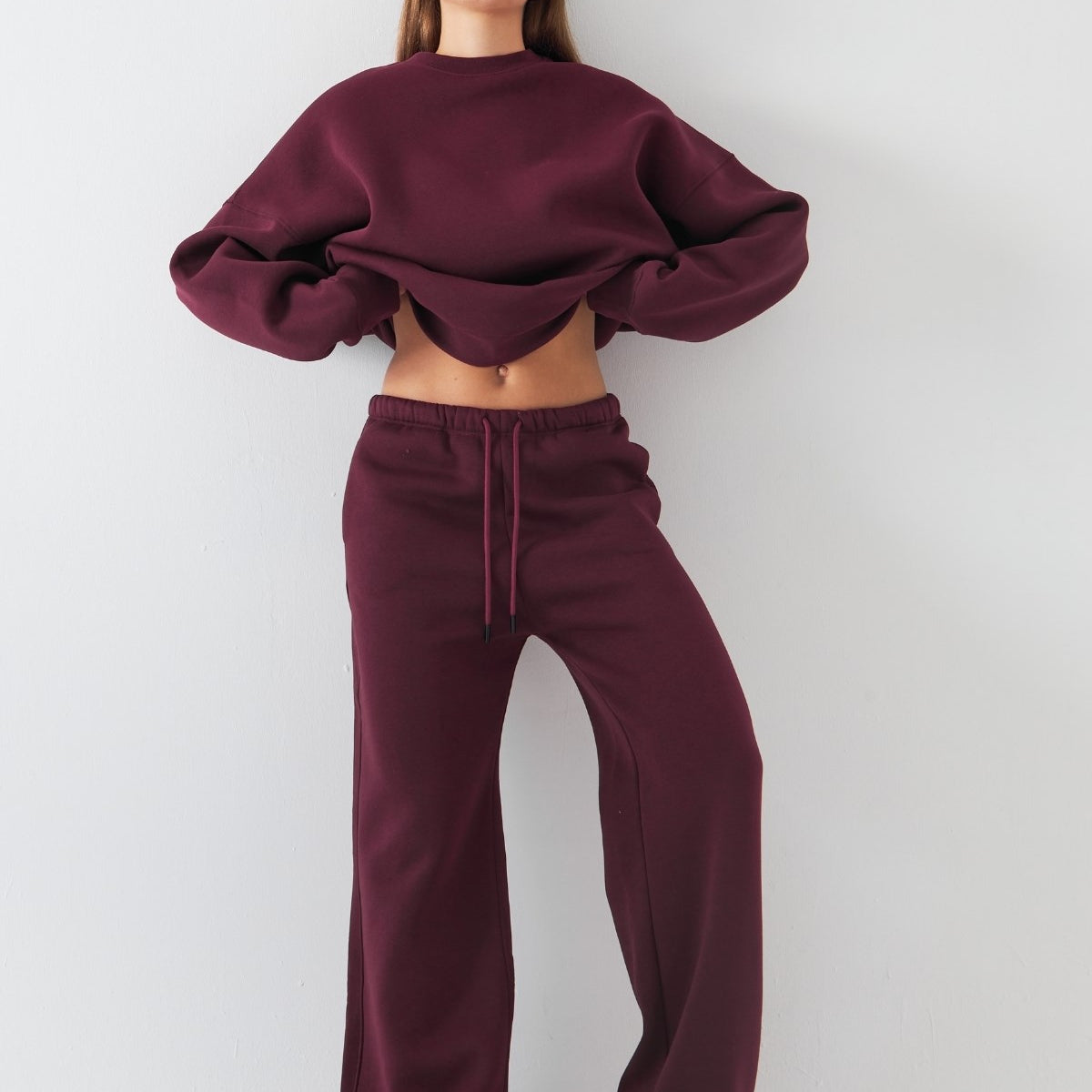 Unisex Oversize Eşofman Takımı Basic Bordo – Bisiklet Yaka, Boru Paça, 3 İplik Şardonlu Polar