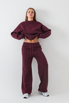 Unisex Oversize Eşofman Takımı Basic Bordo – Bisiklet Yaka, Boru Paça, 3 İplik Şardonlu Polar