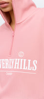 Kadın Pembe Beverly Hills Yazılı Yarım Fermuarlı Oversize Sweatshirt – Şık Spor Yarım Balıkçı Yaka
