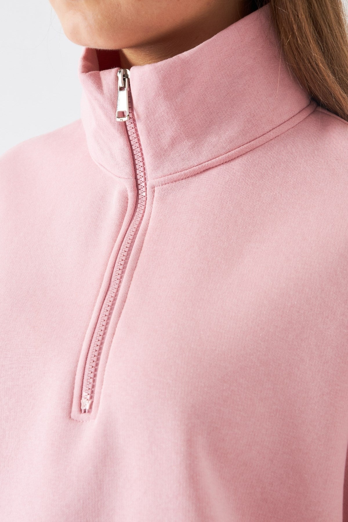Unisex Oversize Sweatshirt Basic Pembe – Yarım Fermuar Dik Yaka, 3 İplik Şardonlu Polar