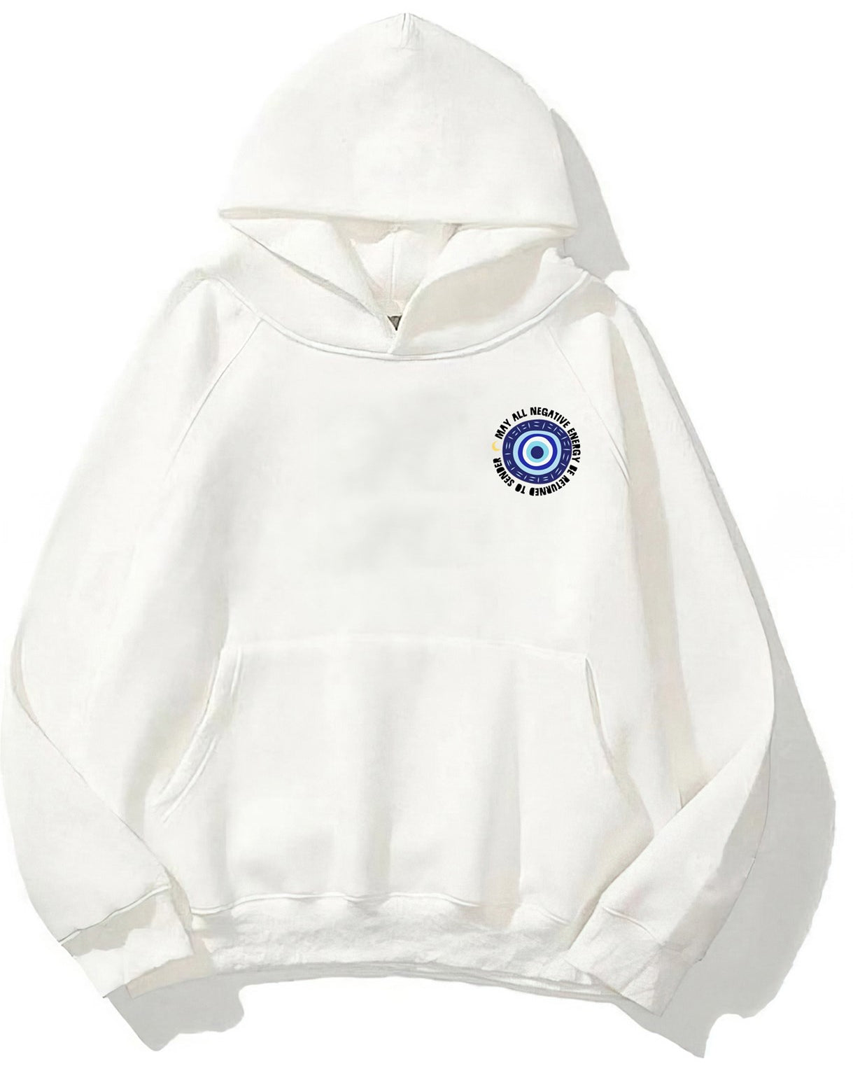 Kapüşonlu İçi Polar Nazar Boncuğu Baskılı Beyaz Unisex Sweatshirt