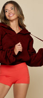 Kadın Fermuarlı Bordo Kapüşonlu Sweatshirt 3 İplik Şardonlu Kumaş Oversize Kesim