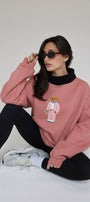Kadın Oversize Sweatshirt Pink Suit Bear 3D Baskılı Pembe – Bisiklet Yaka, 3 İplik Şardonlu Polar