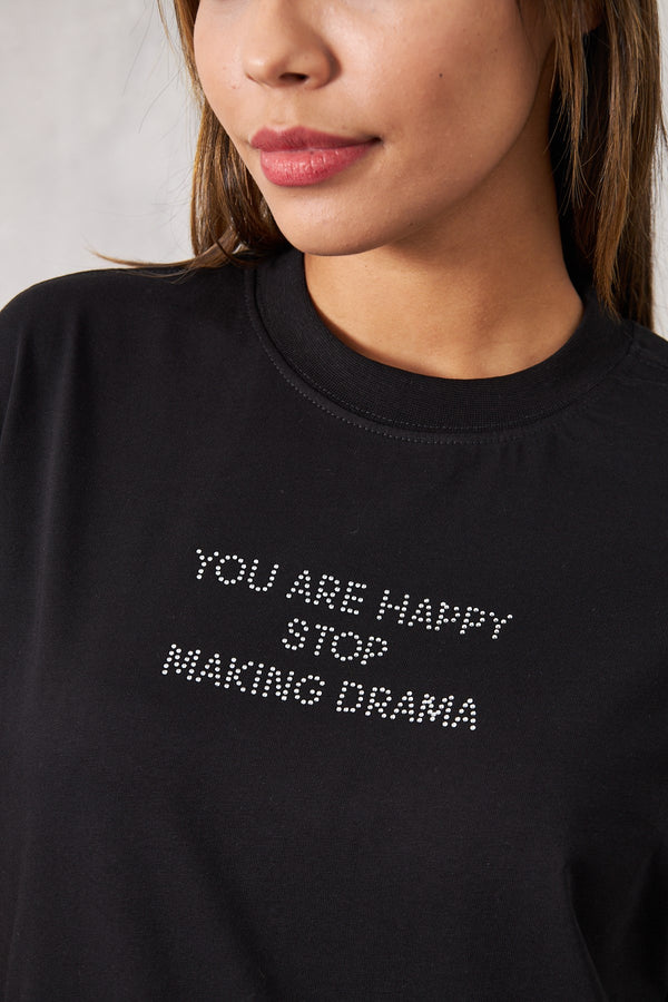 The Champ You Are Happy Stop Making Drama Taşlı Oversize Siyah Kadın T-Shirt