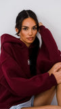 Bordo Unisex Yüksek Baskılı Kapüşonlu Kanguru Cepli Oversize Hoodie