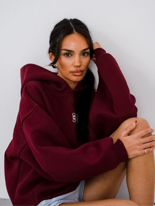 Bordo Unisex Yüksek Baskılı Kapüşonlu Kanguru Cepli Oversize Hoodie