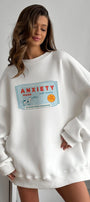 Kadın Oversize Sweatshirt Elbise Anxiety Bar Baskılı Beyaz – Bisiklet Yaka, 3 İplik Şardonlu Polar