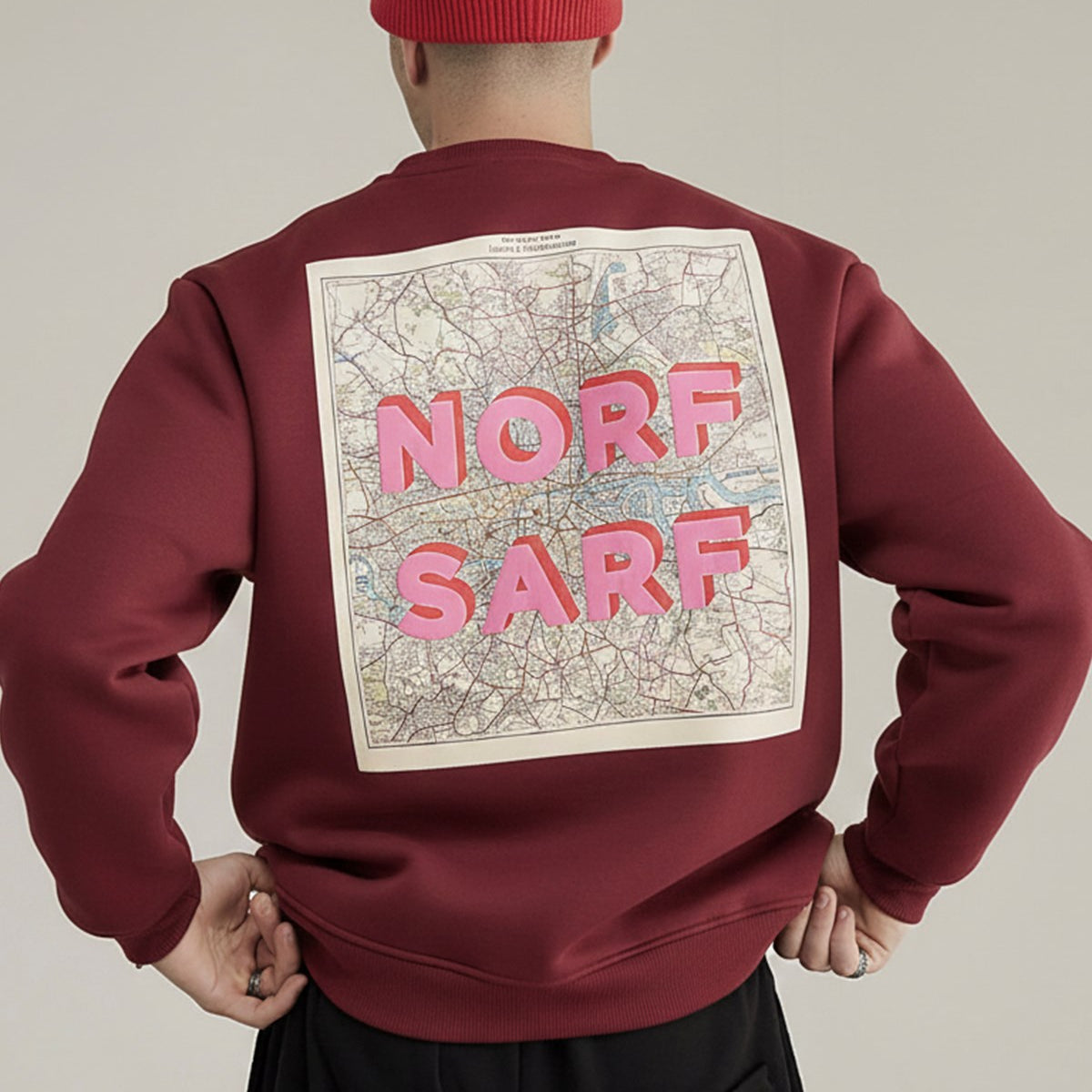 Unisex Oversize Sweatshirt Norf Sarf Harita Baskılı Bordo – Bisiklet Yaka, 3 İplik Şardonlu Polar