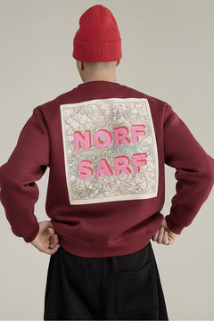 Unisex Oversize Sweatshirt Norf Sarf Harita Baskılı Bordo – Bisiklet Yaka, 3 İplik Şardonlu Polar